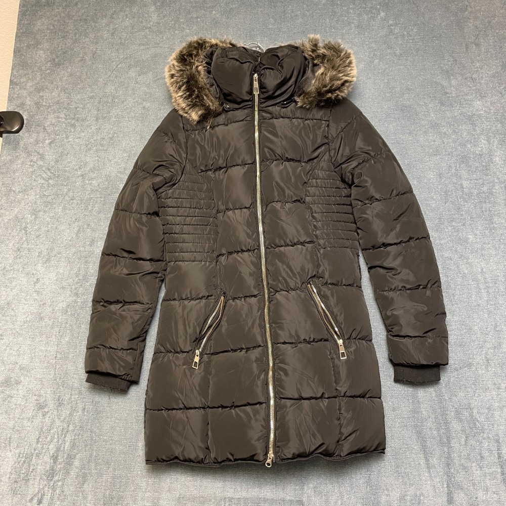YMI Collection Puffer Jacket Womens Medium Black Faux Fur Hood Full Zip Winter